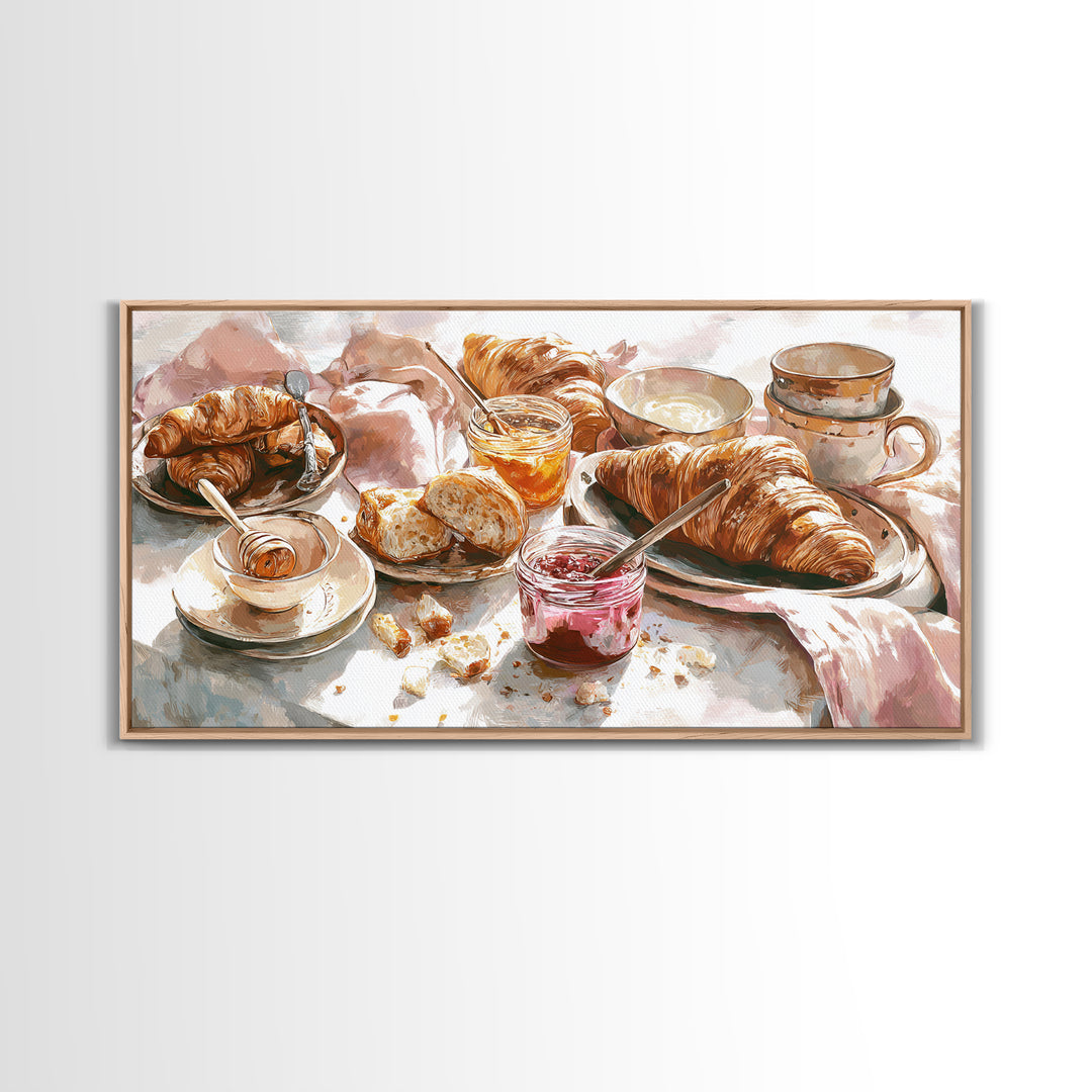 Fresh Croissants and Jam on a Linen Canvas Print, Bed and Breakfast Art, Printable, Living Room Decor, Fine Art, BAB-2x1-70