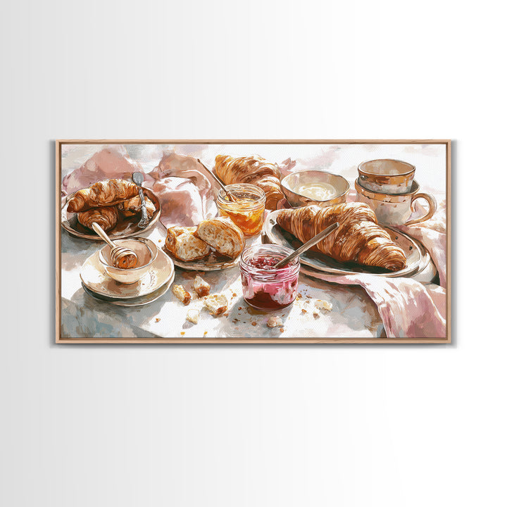 Fresh Croissants and Jam on a Linen Canvas Print, Bed and Breakfast Art, Printable, Living Room Decor, Fine Art, BAB-2x1-70