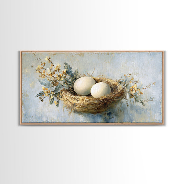 Fresh Eggs in a Woven Basket with Canvas Print, Bed and Breakfast Art, Printable Wall Art, Living Room Decor, Watercolor Art, BAB-2x1-74