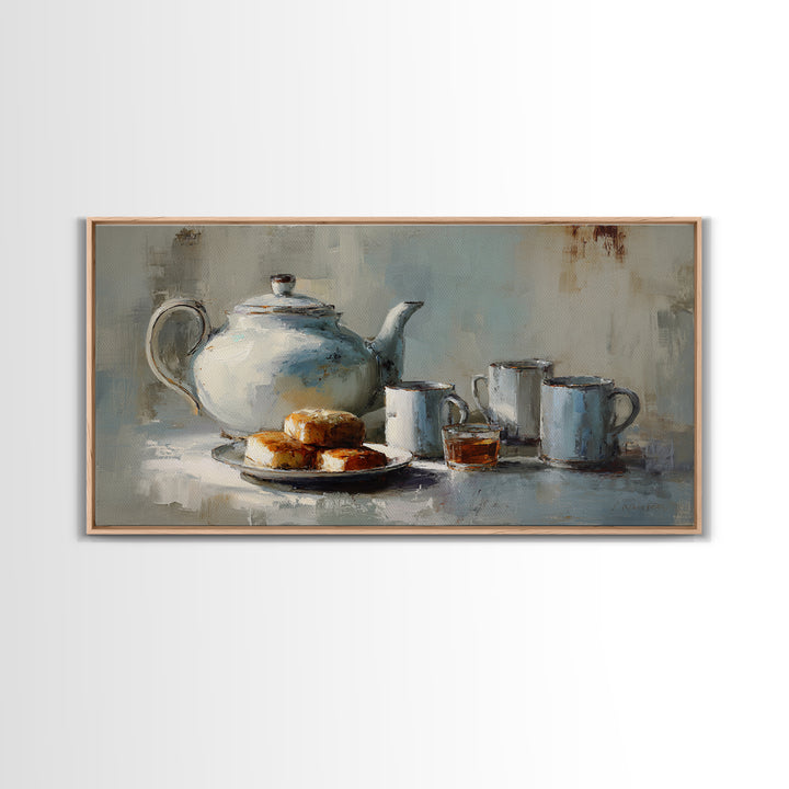 Porcelain Teapot and Scones Framed Canvas Print, Bed and Breakfast Art, Bed, Living Room Decor, Fine Art, Rustic Home Decor, BAB-2x1-80