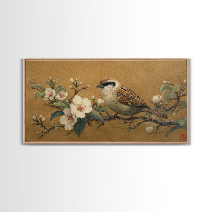 Small Bird on a Flowering Branch Canvas Print, Bed and Breakfast Art, Print, Living Room Decor, Watercolor Art, BAB-2x1-82