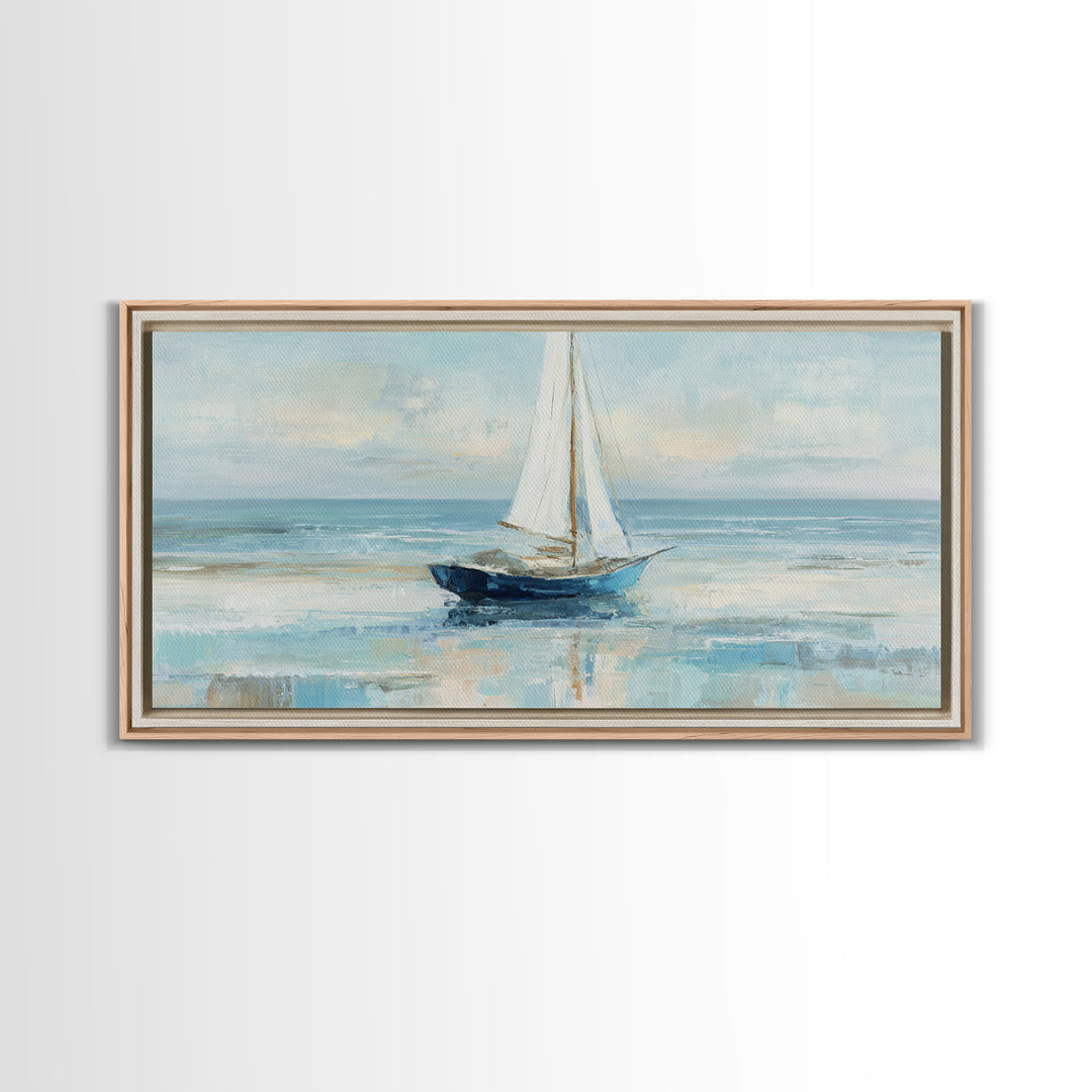Coastal Inn Sailboat at Sunrise Framed Canvas Print, Bed and Breakfast Art, Dopamine Decor, Living Room Decor, Fine Art, BAB-2x1-85