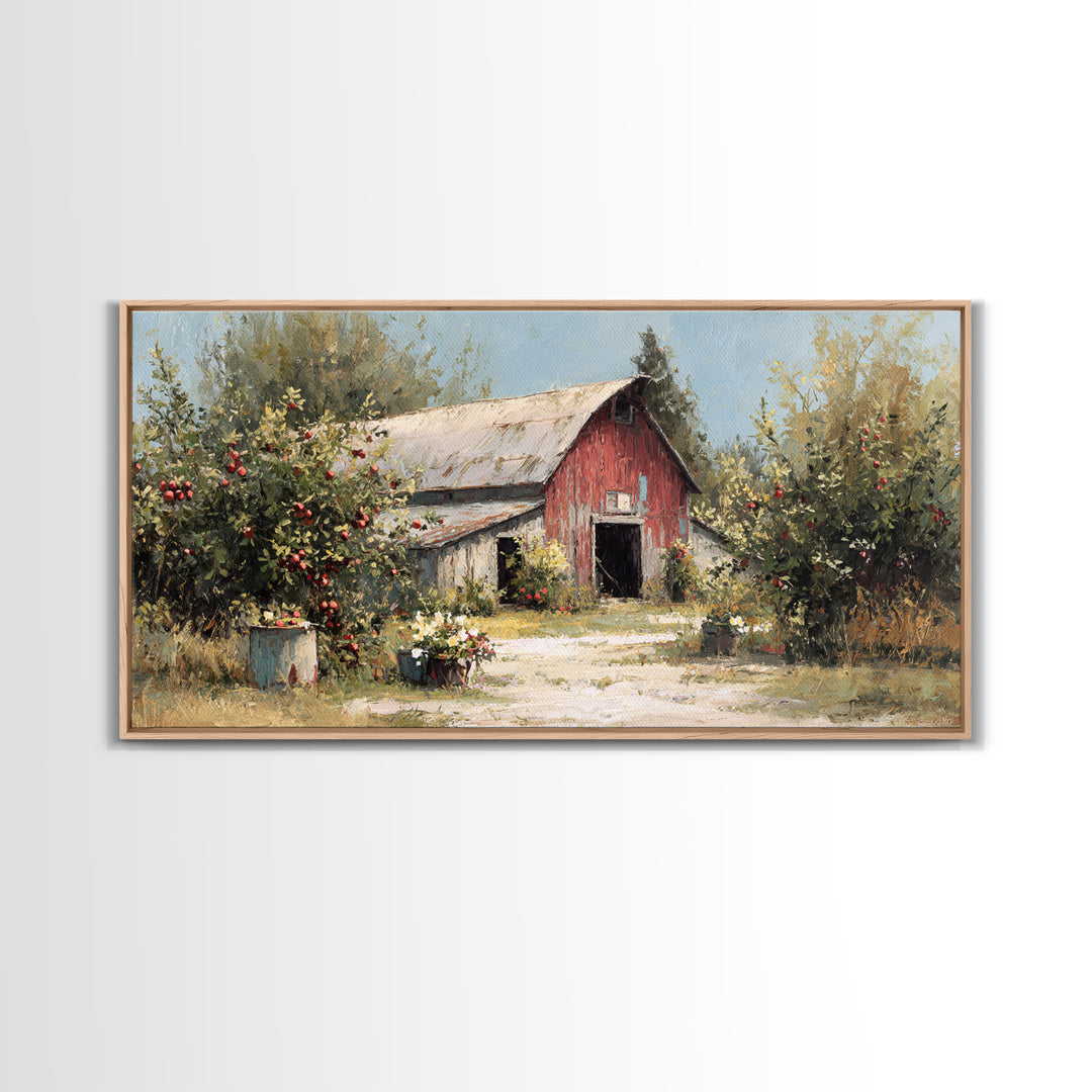 Apple Orchard Scene Framed Canvas Print, Bed and Breakfast Art, Decor, Living Room Decor, Fine Art, Dopamine Decor, BAB-2x1-9