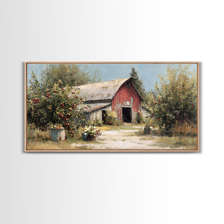 Apple Orchard Scene Framed Canvas Print, Bed and Breakfast Art, Decor, Living Room Decor, Fine Art, Dopamine Decor, BAB-2x1-9