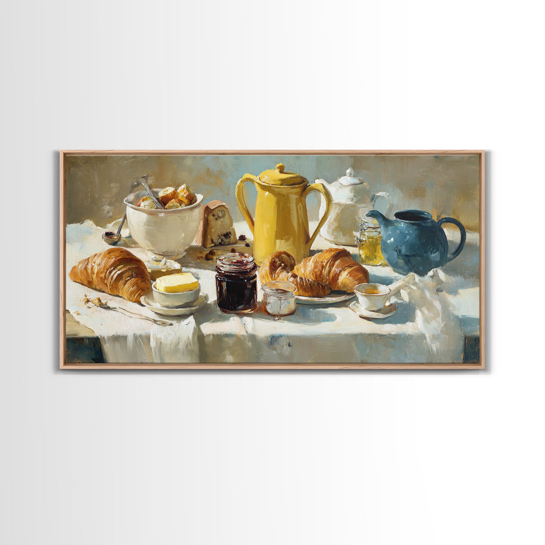 Fresh Croissants and Jam on a Linen Canvas Print, Bed and Breakfast Art, Printable, Living Room Decor, Fine Art, BAB-2x1-94