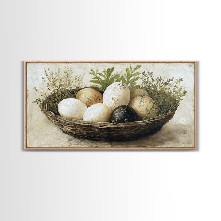 Fresh Eggs in a Woven Basket with Canvas Print, Bed and Breakfast Art, Printable Wall Art, Living Room Decor, Watercolor Art, BAB-2x1-98