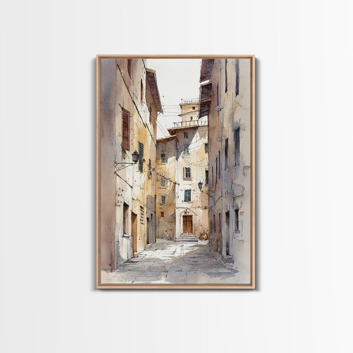 Soft Watercolor Village Street at Dawn Framed Canvas Print, Bed and Breakfast Art, Abstract Art, Living Room Decor, Fine Art, BAB-2x3-13
