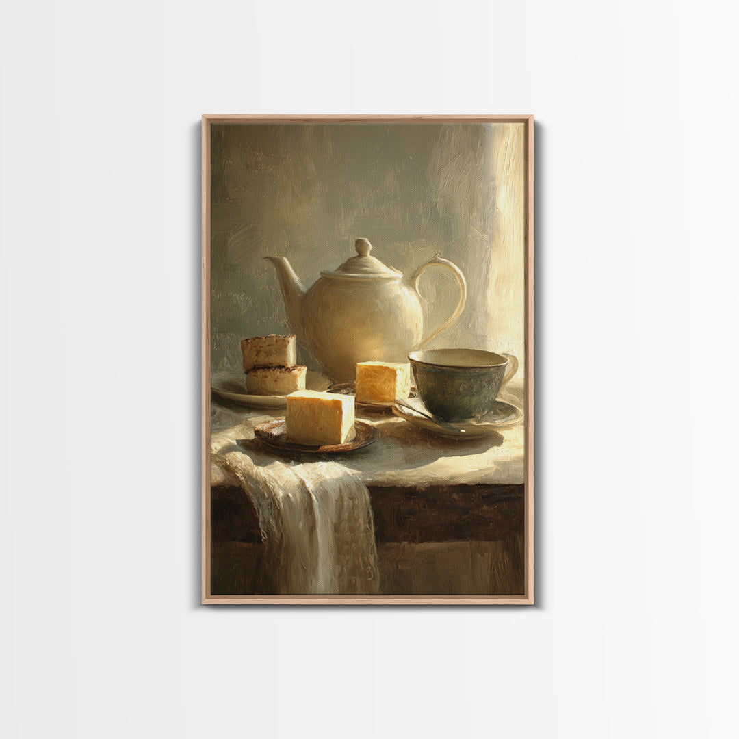 Porcelain Teapot and Scones Framed Canvas Print, Bed and Breakfast Art, Farmhouse Decor, Living Room Decor, Oil Painting, BAB-2x3-20
