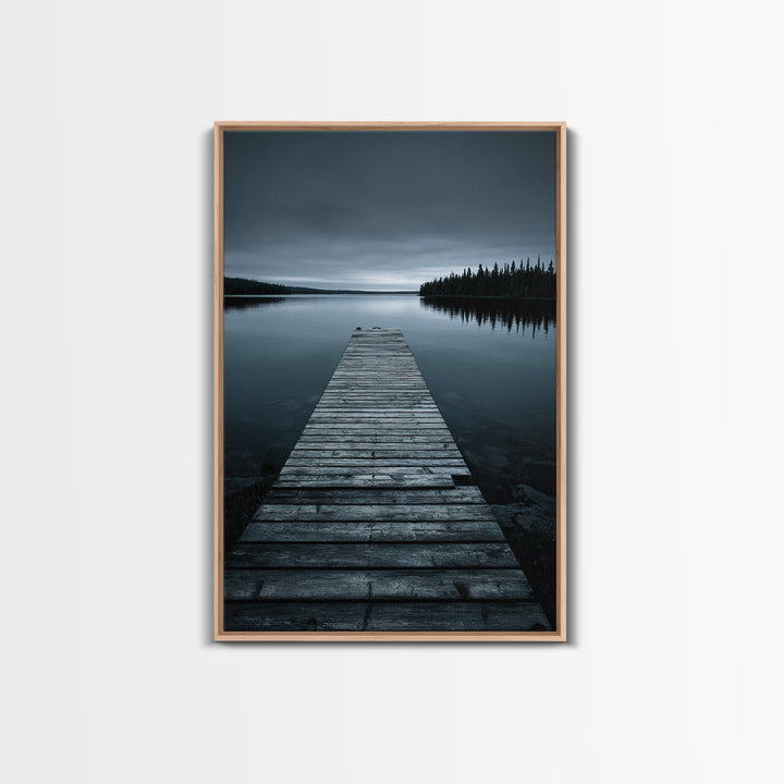 Quiet Lake Dock at Early Morning Framed Canvas Print, Bed and Breakfast Art, Minimalist Decor, Living Room Decor, Oil Painting, BAB-2x3-30