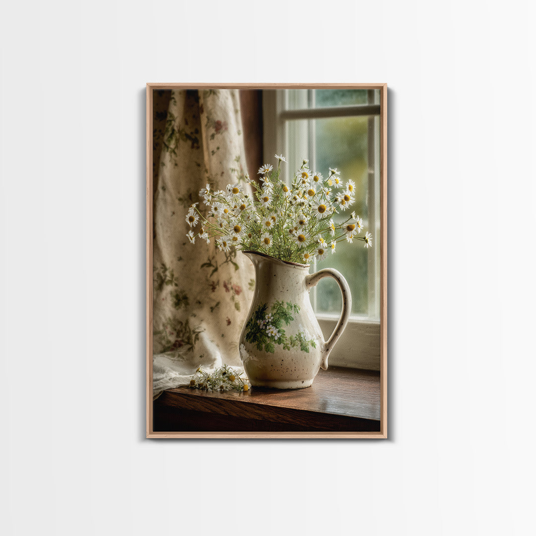 Country Wildflowers in a Chipped Ceramic Pitcher Framed Canvas Print, Bed and Breakfast Art, Living Room Decor, Fine Art, BAB-2x3-33