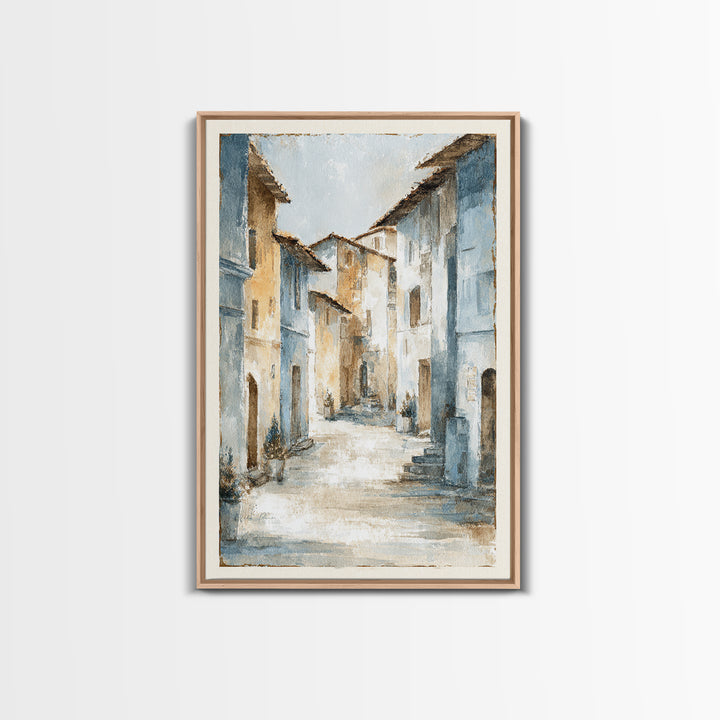 Soft Watercolor Village Street at Dawn Framed Canvas Print, Bed and Breakfast Art, Abstract Art, Living Room Decor, Fine Art, BAB-2x3-37