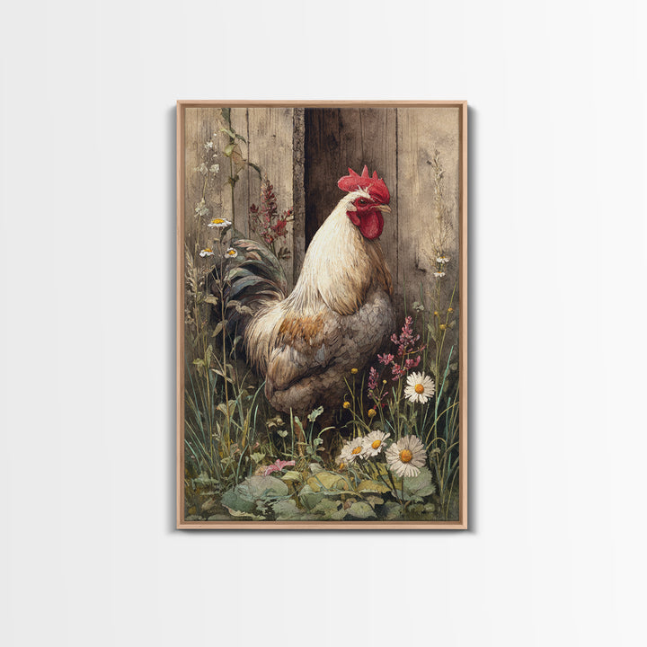 Rooster and Wildflower Country Portrait Framed Canvas Print, Bed and Breakfast Art, Digital Art, Living Room Decor, Fine Art, BAB-2x3-51