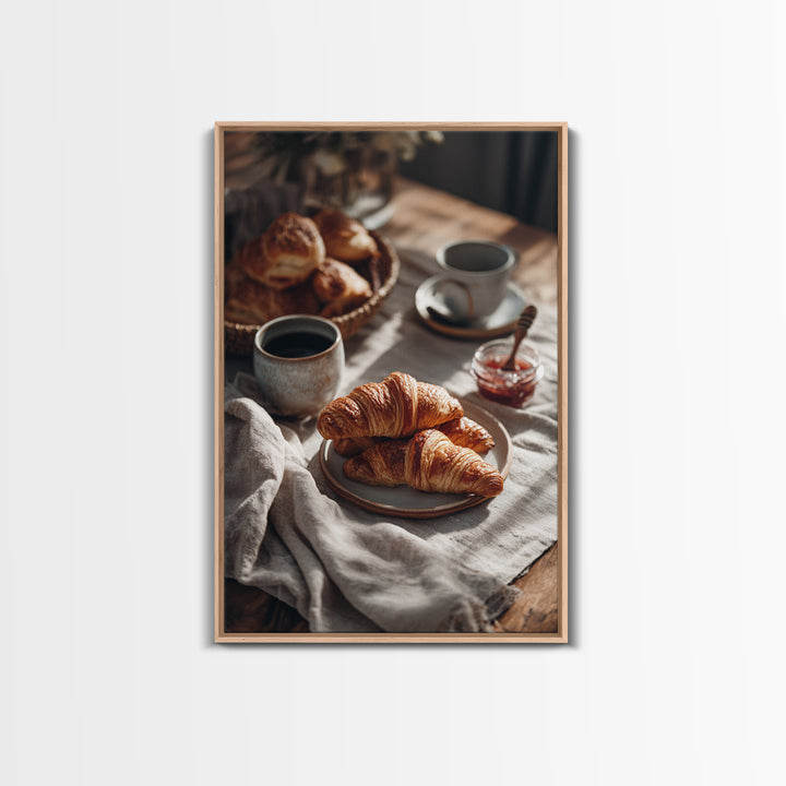 Fresh Croissants and Jam on a Linen Canvas Print, Bed and Breakfast Art, Abstract Art, Living Room Decor, Coffee Art, BAB-2x3-58