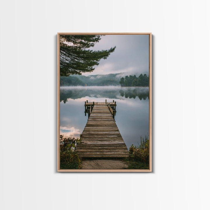 Quiet Lake Dock at Early Morning Framed Canvas Print, Bed and Breakfast Art, Minimalist Decor, Living Room Decor, Oil Painting, BAB-2x3-6