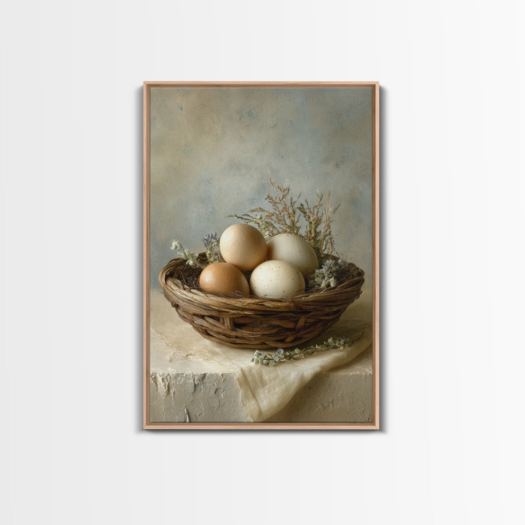 Fresh Eggs in a Woven Basket with Canvas Print, Bed and Breakfast Art, Bedroom Decor, Living Room Decor, Abstract Art, BAB-2x3-62