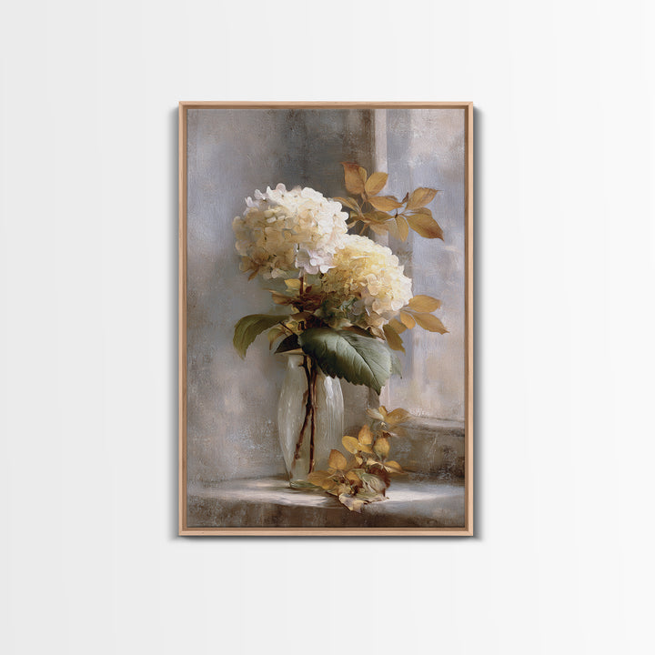 Sunlit Hydrangeas on a Windowsill Canvas Print, Bed and Breakfast Art, Digital Art, Living Room Decor, Oil Painting, BAB-2x3-66