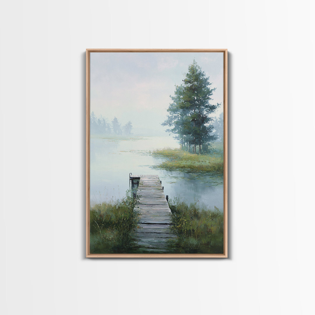 Quiet Lake Dock at Early Morning Framed Canvas Print, Bed and Breakfast Art, Canvas Wall Art, Living Room Decor, Fine Art, BAB-2x3-78