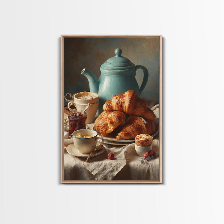 Fresh Croissants and Jam on a Linen Canvas Print, Bed and Breakfast Art, Abstract Art, Living Room Decor, Coffee Art, BAB-2x3-82