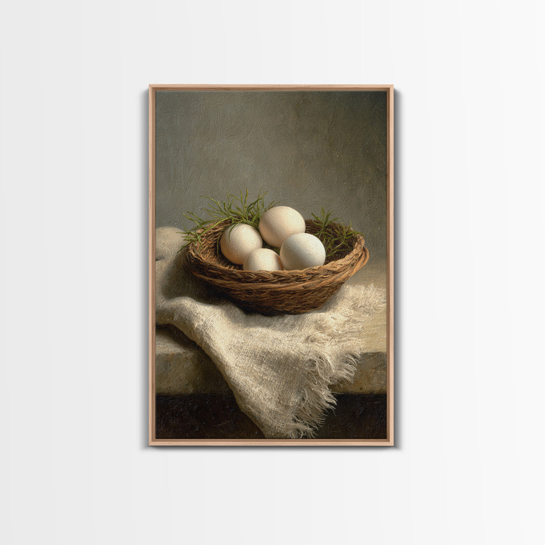 Fresh Eggs in a Woven Basket with Canvas Print, Bed and Breakfast Art, Bedroom Decor, Living Room Decor, Abstract Art, BAB-2x3-86