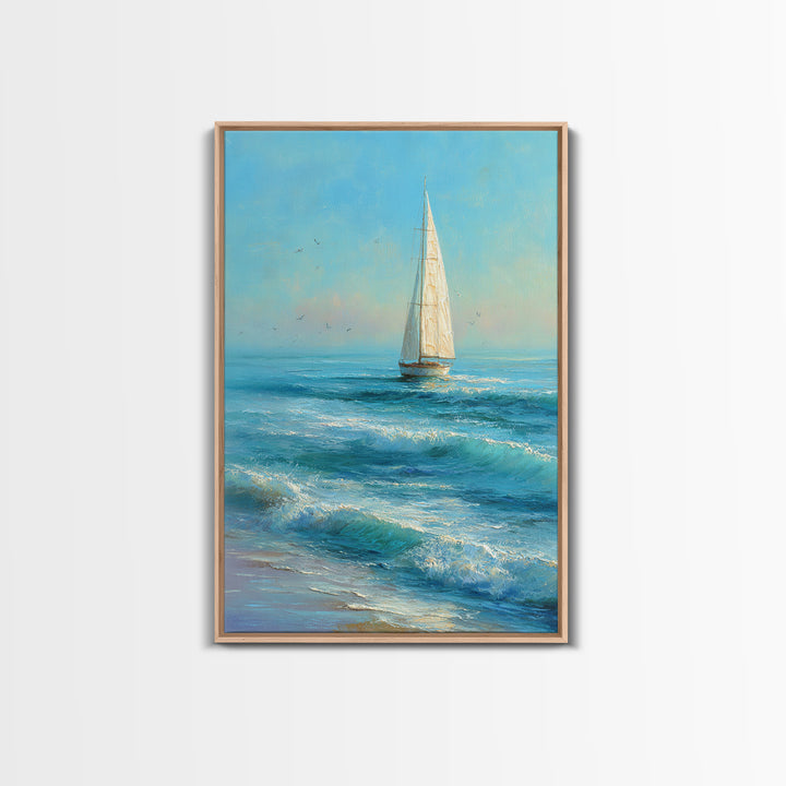 Coastal Inn Sailboat at Sunrise Framed Canvas Print, Bed and Breakfast Art, Bedroom Wall Art, Living Room Decor, Fine Art, BAB-2x3-97