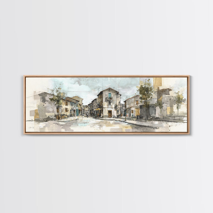 Soft Watercolor Village Street at Dawn Canvas Print, Bed and Breakfast Art, Farmhouse Wall Art, Living Room Decor, Fine Art, BAB-3x1-21