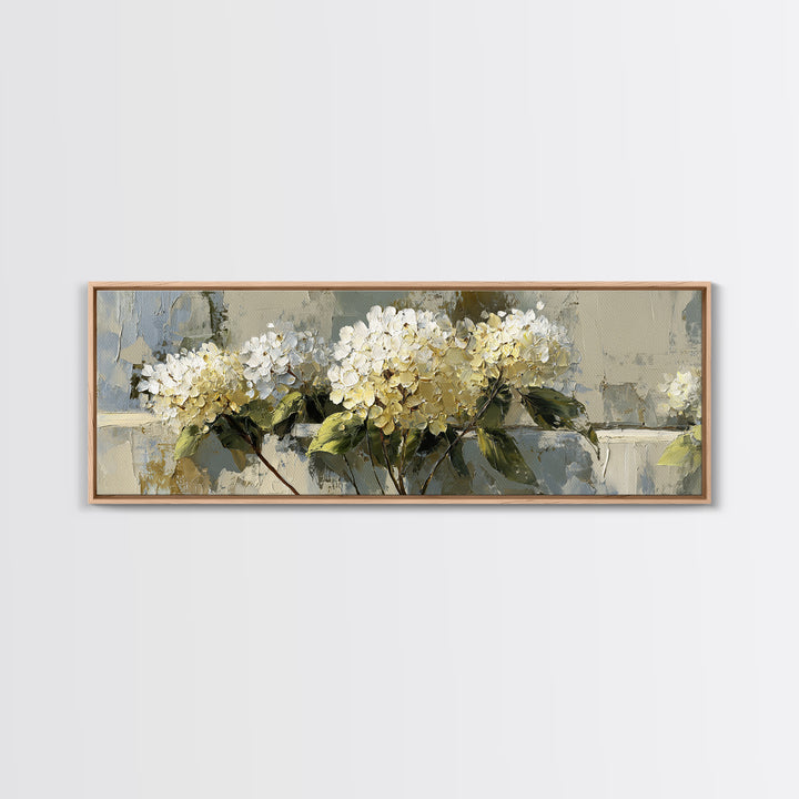 Sunlit Hydrangeas on a Windowsill Canvas Print, Bed and Breakfast Art, Living Room Decor, Watercolor Art, Folk Art, BAB-3x1-26