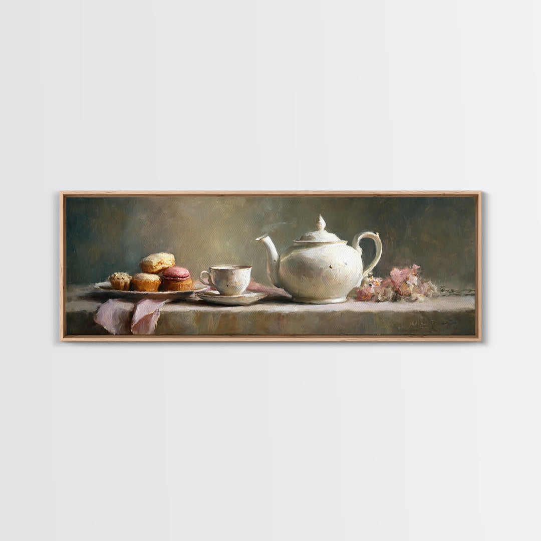 Porcelain Teapot and Scones Framed Canvas Print, Bed and Breakfast Art, Bedroom Art, Living Room Decor, Oil Painting, BAB-3x1-28