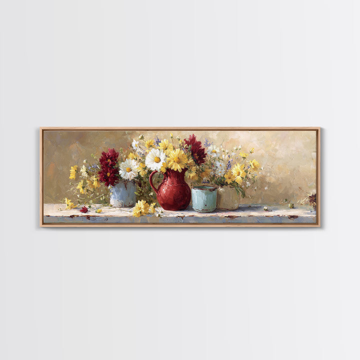 Country Wildflowers in a Chipped Ceramic Pitcher Canvas Print, Bed and Breakfast Art, Rustic Home Decor, Living Room Decor, BAB-3x1-41