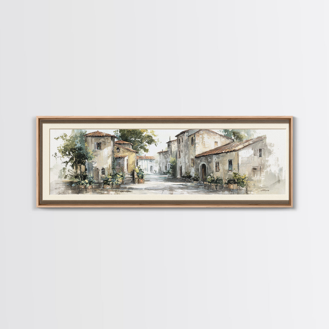 Soft Watercolor Village Street at Dawn Canvas Print, Bed and Breakfast Art, Farmhouse Wall Art, Living Room Decor, Fine Art, BAB-3x1-45