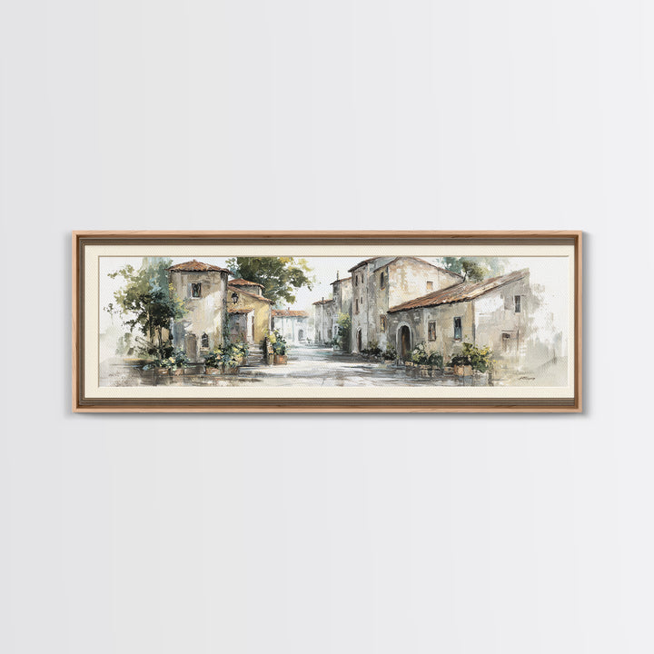 Soft Watercolor Village Street at Dawn Canvas Print, Bed and Breakfast Art, Farmhouse Wall Art, Living Room Decor, Fine Art, BAB-3x1-45
