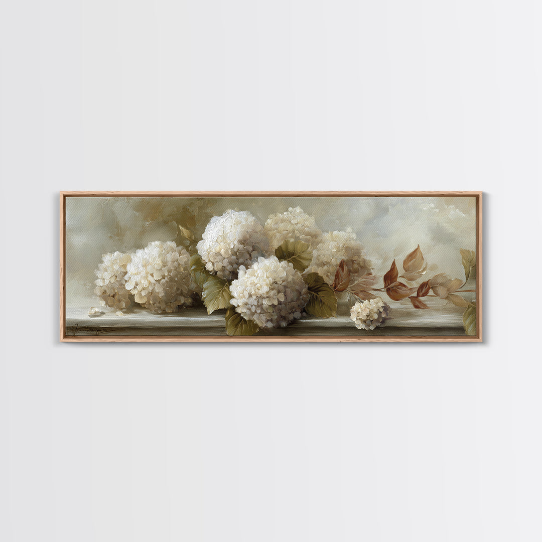Sunlit Hydrangeas on a Windowsill Canvas Print, Bed and Breakfast Art, Living Room Decor, Watercolor Art, Folk Art, BAB-3x1-50