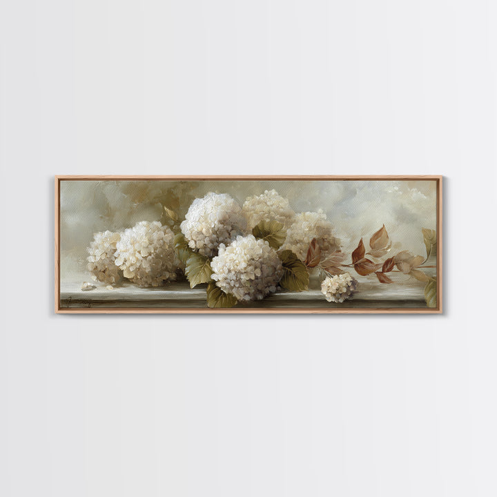 Sunlit Hydrangeas on a Windowsill Canvas Print, Bed and Breakfast Art, Living Room Decor, Watercolor Art, Folk Art, BAB-3x1-50