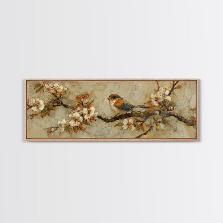 Small Bird on a Flowering Branch Canvas Print, Bed and Breakfast Art, Folk Art, Living Room Decor, Watercolor Art, BAB-3x1-54
