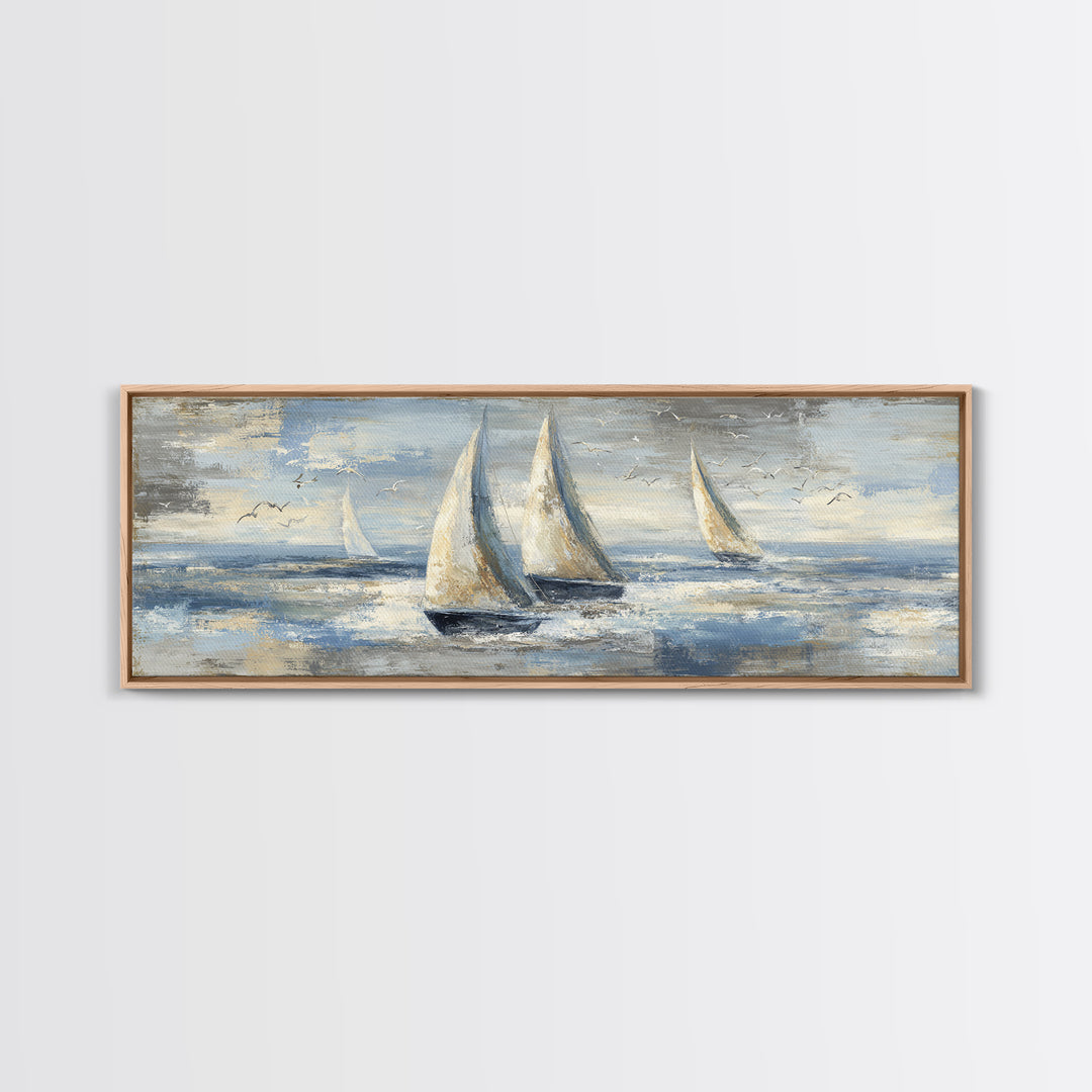 Coastal Inn Sailboat at Sunrise Framed Canvas Print, Bed and Breakfast Art, Folk Art, Living Room Decor, Fine Art, BAB-3x1-57