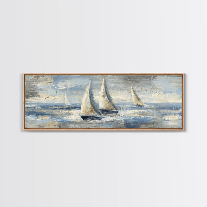 Coastal Inn Sailboat at Sunrise Framed Canvas Print, Bed and Breakfast Art, Folk Art, Living Room Decor, Fine Art, BAB-3x1-57