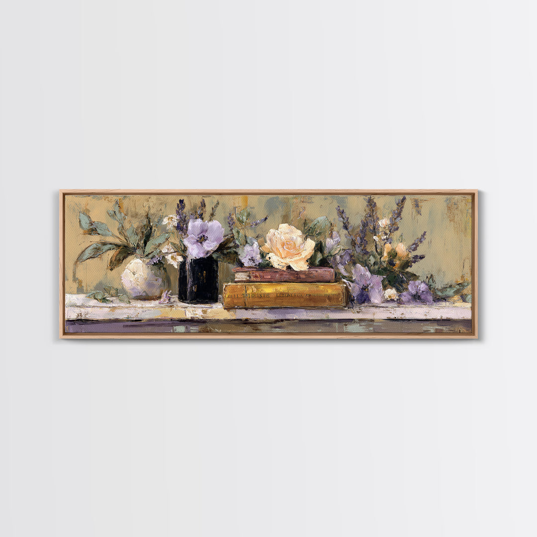 Warm Fireplace Still Life Framed Canvas Print, Bed and Breakfast Art, Bed, Living Room Decor, Oil Painting, Rustic Home Decor, BAB-3x1-58