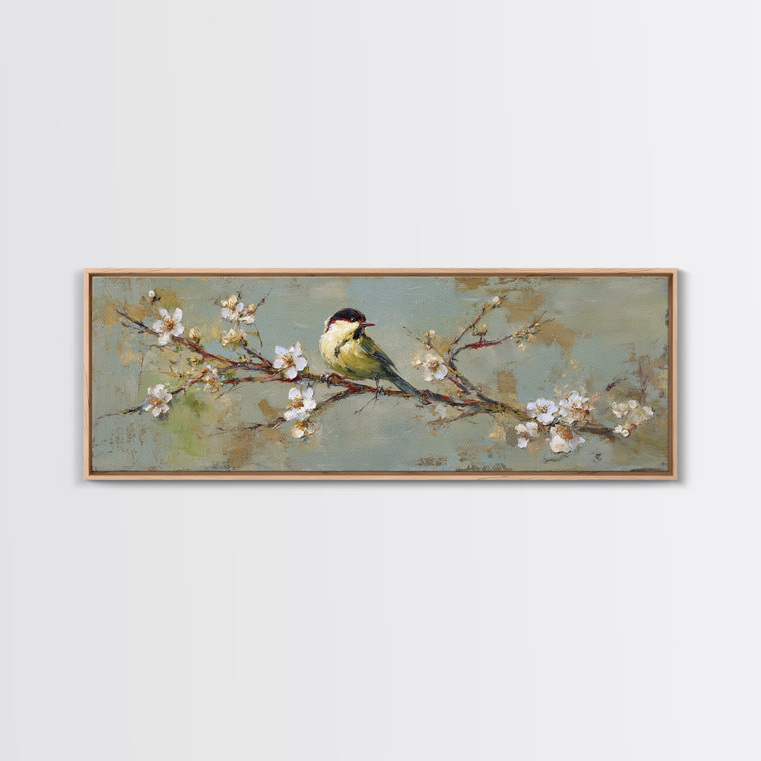 Small Bird on a Flowering Branch Canvas Print, Bed and Breakfast Art, Farmhouse Wall Art, Living Room Decor, Fine Art, BAB-3x1-6