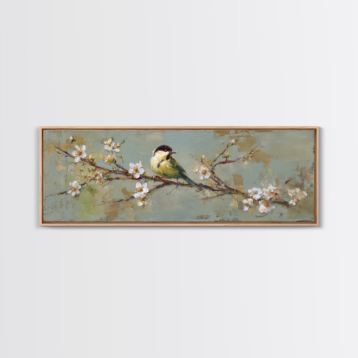 Small Bird on a Flowering Branch Canvas Print, Bed and Breakfast Art, Farmhouse Wall Art, Living Room Decor, Fine Art, BAB-3x1-6