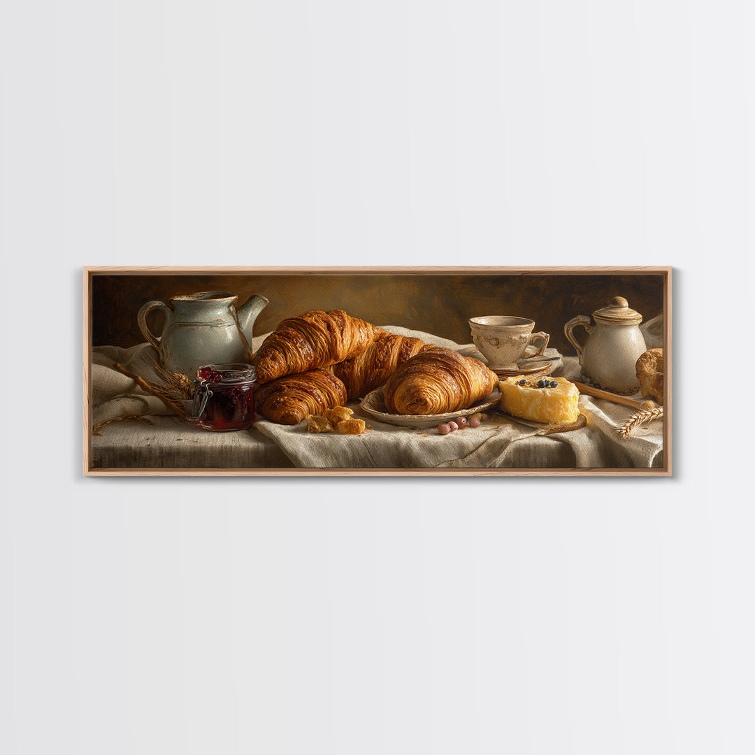 Fresh Croissants and Jam on a Linen Canvas Print, Bed and Breakfast Art, Bedroom Wall Art, Living Room Decor, Abstract Art, BAB-3x1-66