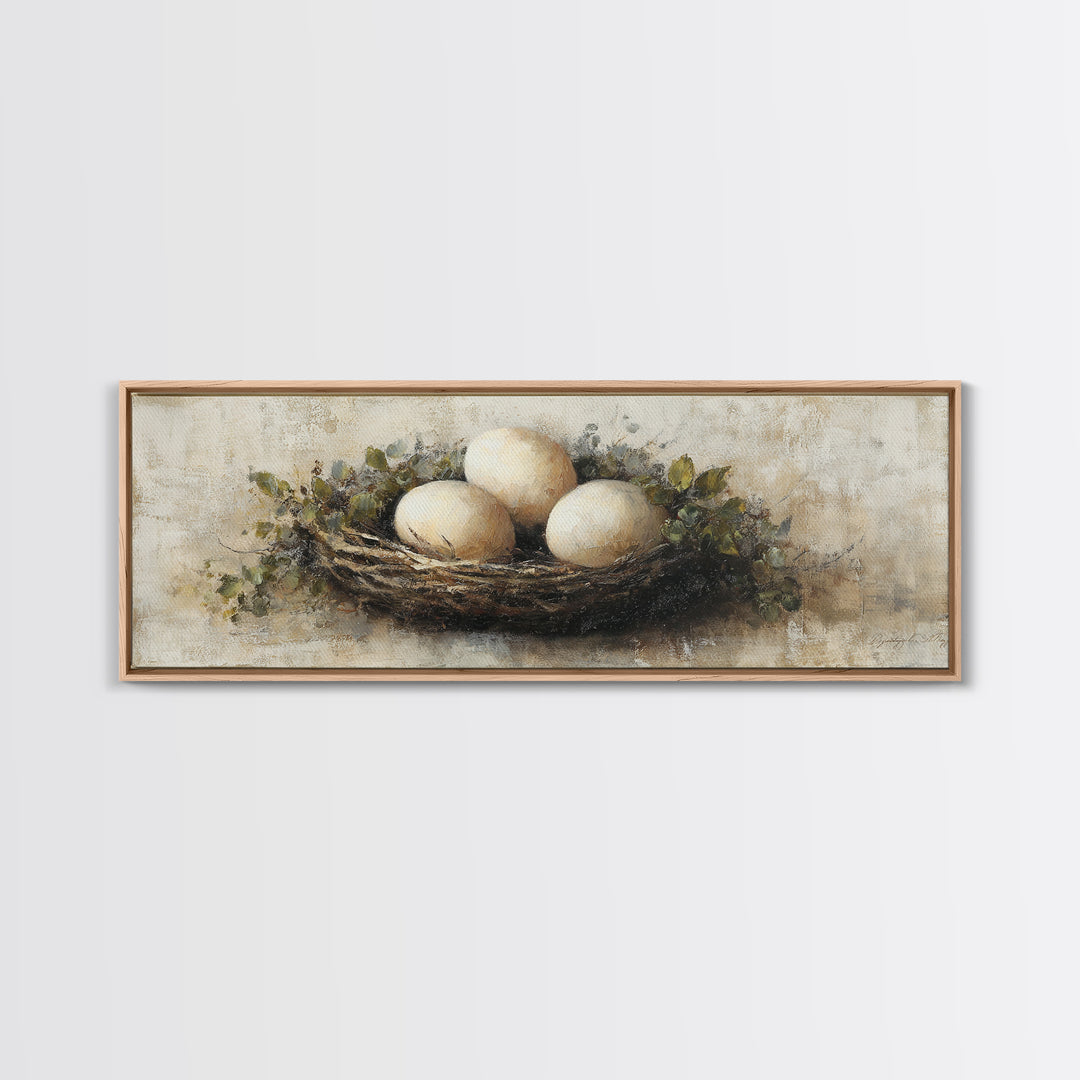 Fresh Eggs in a Woven Basket with Canvas Print, Bed and Breakfast Art, Wall Art, Living Room Decor, Oil Painting, BAB-3x1-70