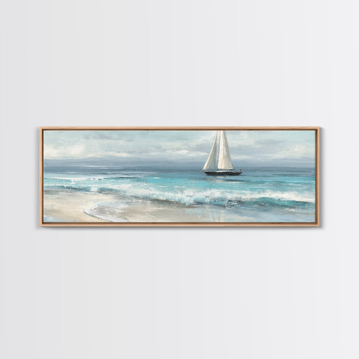 Coastal Inn Sailboat at Sunrise Framed Canvas Print, Bed and Breakfast Art, Folk Art, Living Room Decor, Fine Art, BAB-3x1-81