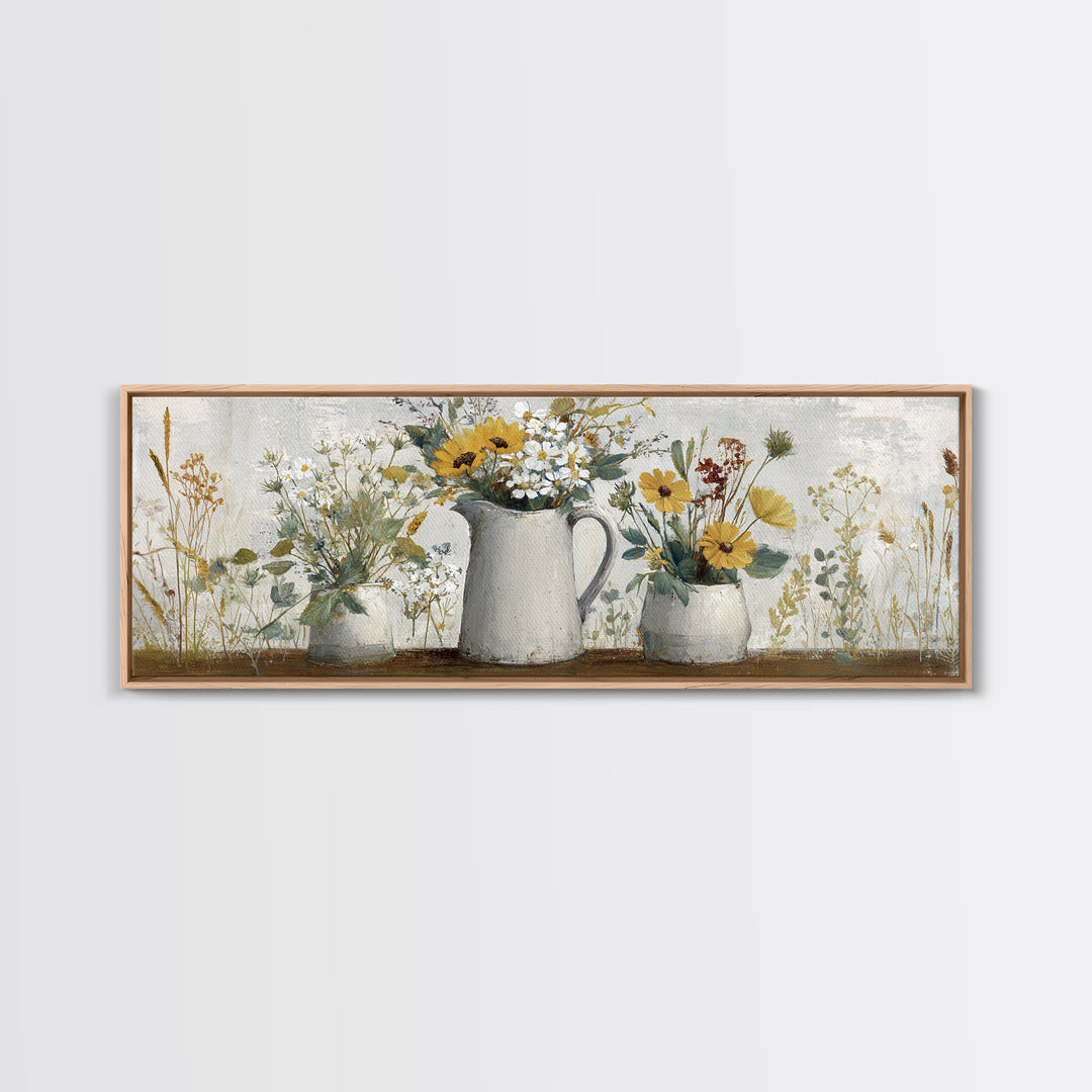 Country Wildflowers in a Chipped Ceramic Pitcher Canvas Print, Bed and Breakfast Art, Boho Decor, Living Room Decor, BAB-3x1-89