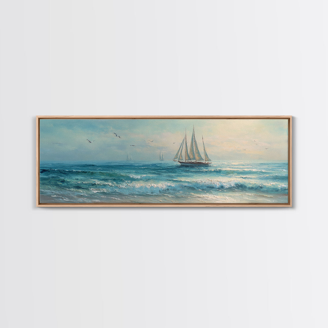 Coastal Inn Sailboat at Sunrise Framed Canvas Print, Bed and Breakfast Art, Dopamine Decor, Living Room Decor, Fine Art, BAB-3x1-9