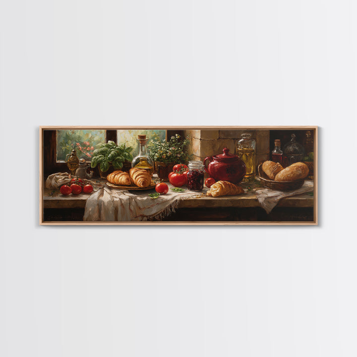 Fresh Croissants and Jam on a Linen Canvas Print, Bed and Breakfast Art, Farmhouse Wall Art, Living Room Decor, BAB-3x1-90