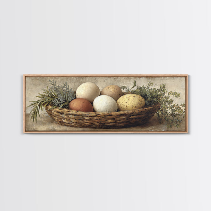 Fresh Eggs in a Woven Basket with Canvas Print, Bed and Breakfast Art, Coffee Art, Living Room Decor, Watercolor Art, BAB-3x1-94