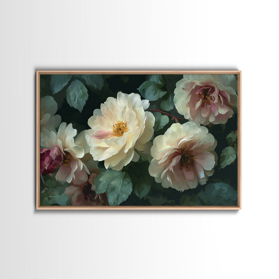 Garden Roses in Romantic Oil Paint Canvas Print, Bed and Breakfast Art, Bedroom Wall Decor, Living Room Decor, Fine Art, BAB-3x2-1