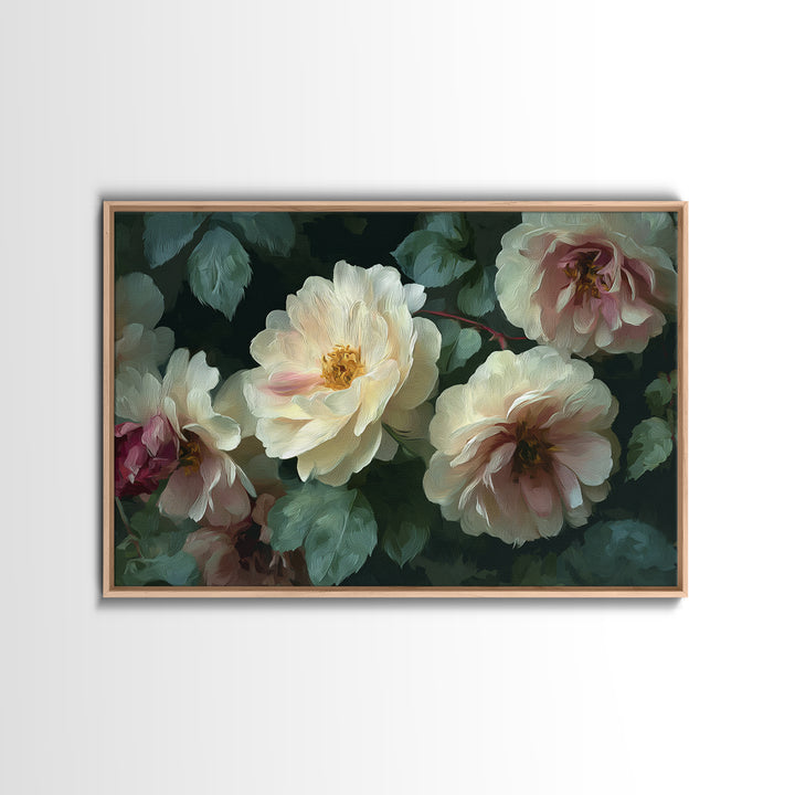 Garden Roses in Romantic Oil Paint Canvas Print, Bed and Breakfast Art, Bedroom Wall Decor, Living Room Decor, Fine Art, BAB-3x2-1
