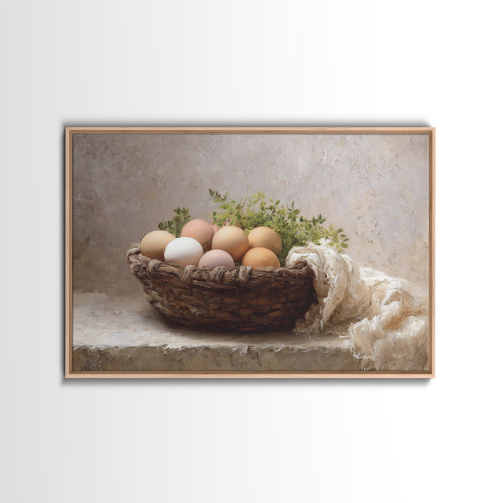 Fresh Eggs in a Woven Basket with Framed Canvas Print, Bed and Breakfast Art, Bed, Living Room Decor, Fine Art, BAB-3x2-10