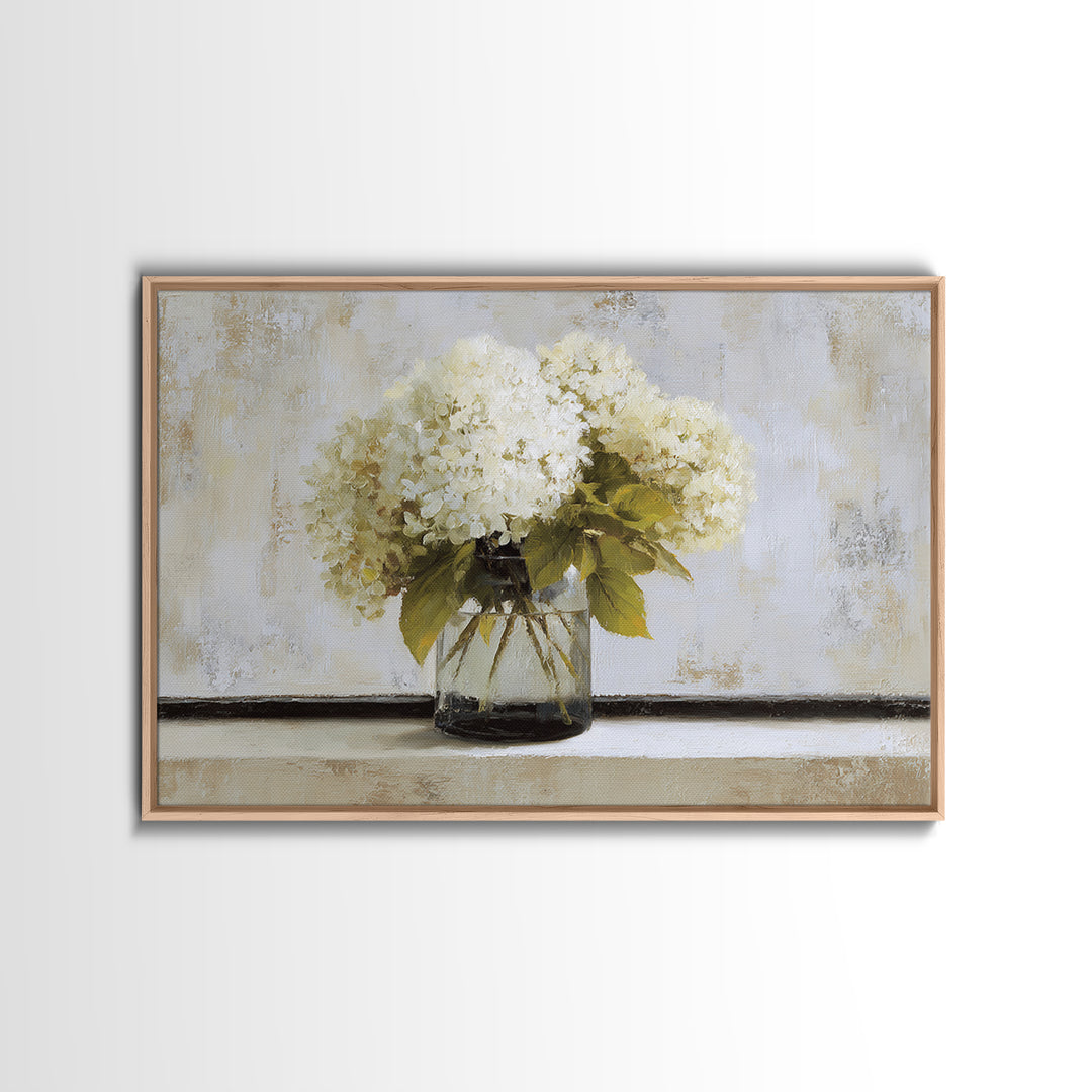 Sunlit Hydrangeas on a Windowsill Framed Canvas Print, Bed and Breakfast Art, Wood Wall Art, Living Room Decor, Fine Art, BAB-3x2-14