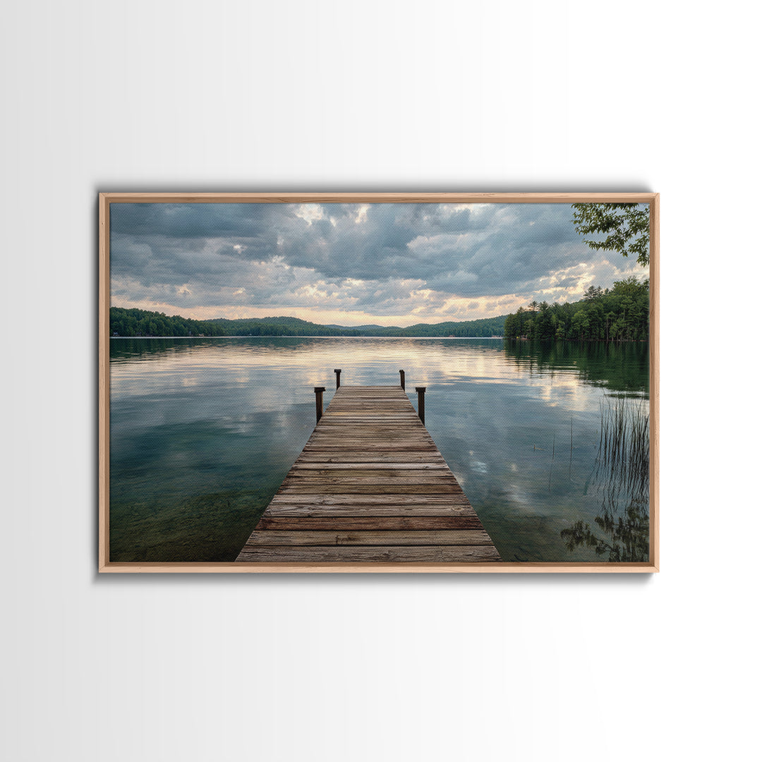 Quiet Lake Dock at Early Morning Framed Canvas Print, Bed and Breakfast Art, Canvas Wall Art, Living Room Decor, Fine Art, BAB-3x2-2
